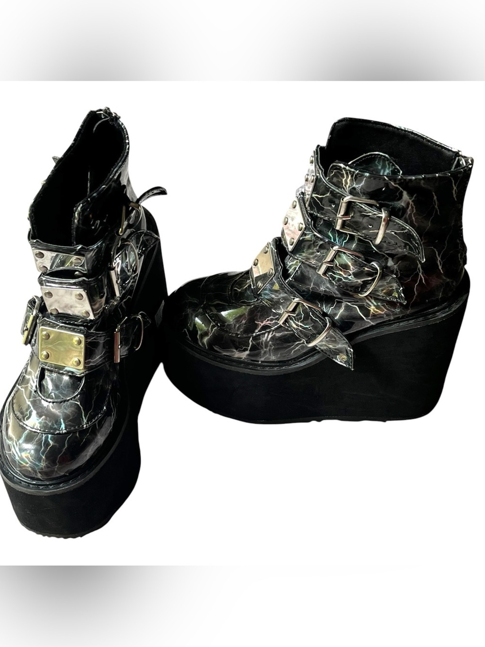 Demonia Holographic Black Platform Buckle Boots SUPER RARE